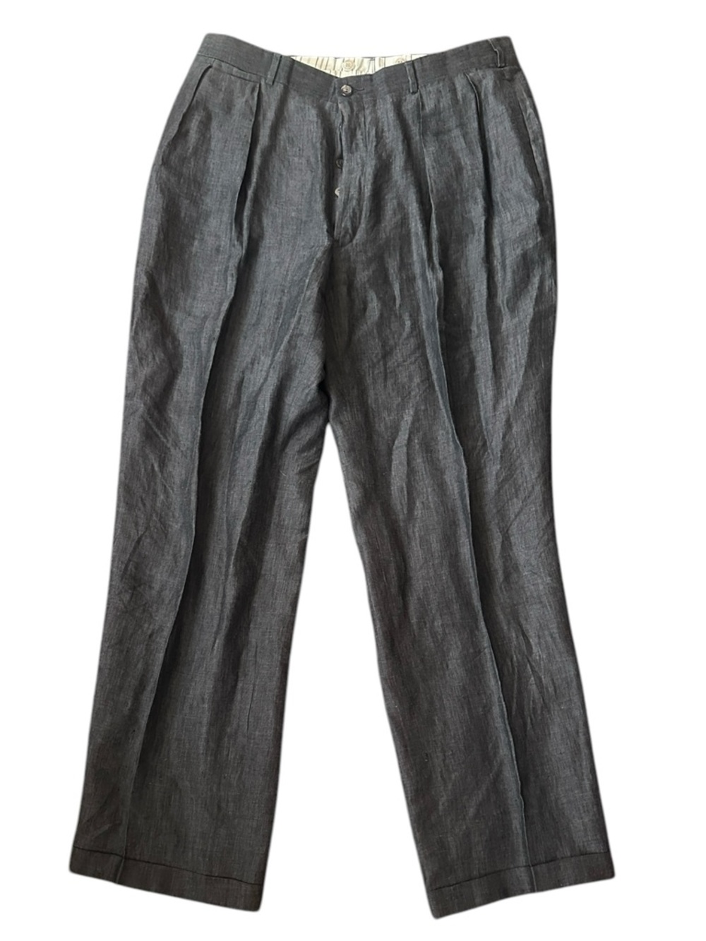 Vtg Polo Ralph Lauren Linen Pants Cuffed Pleated Button Fly Dark Blue Sz 34